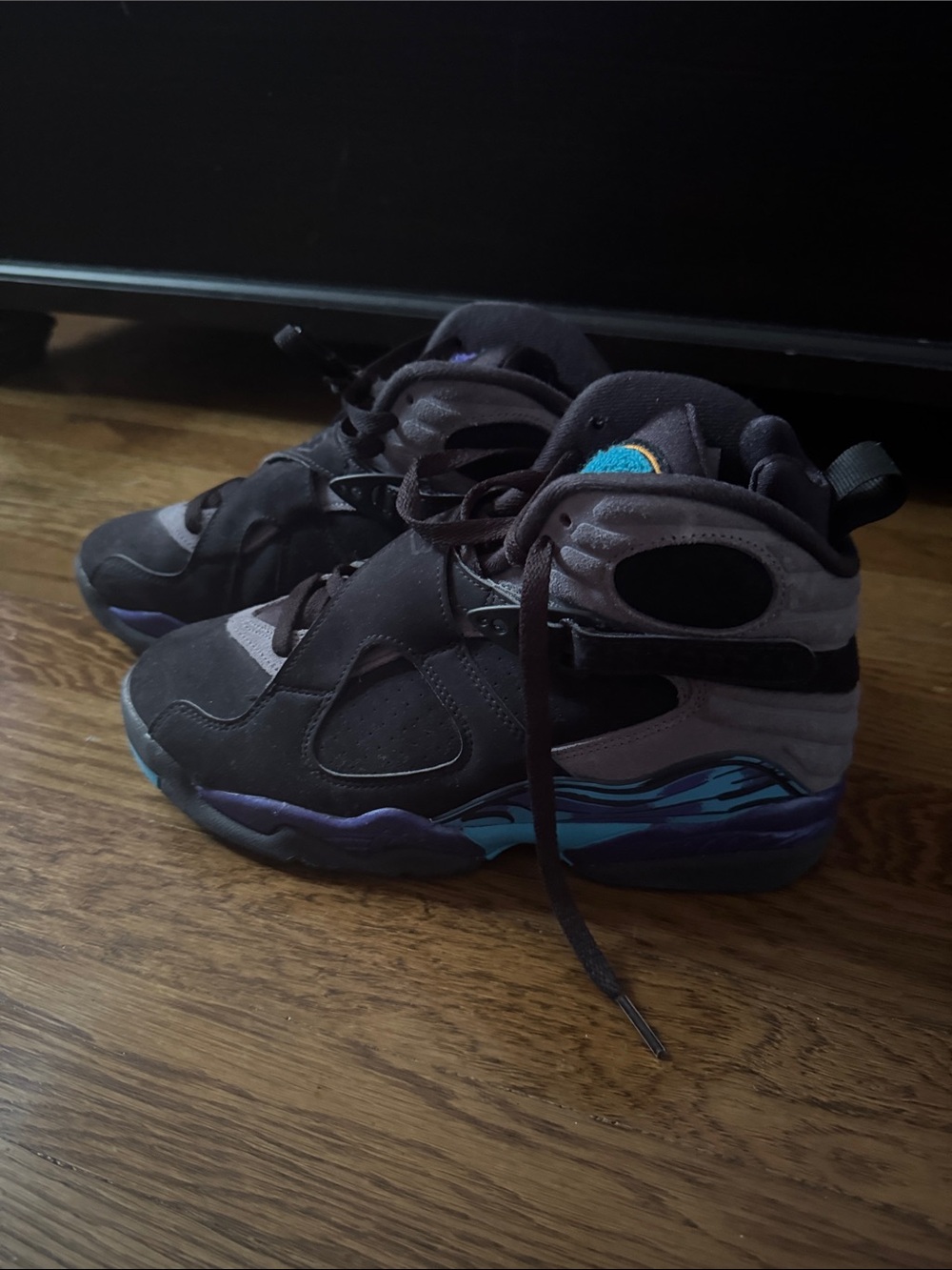 Jordan Kids Black and Gray High-Top Sneakers with Teal and Purple Accents